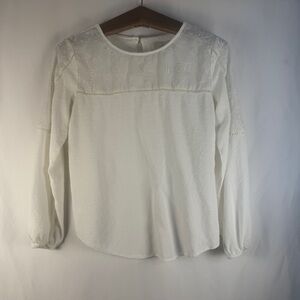 LOFT Ivory Embroidered Blouse with sheer top section and Swiss dot detail